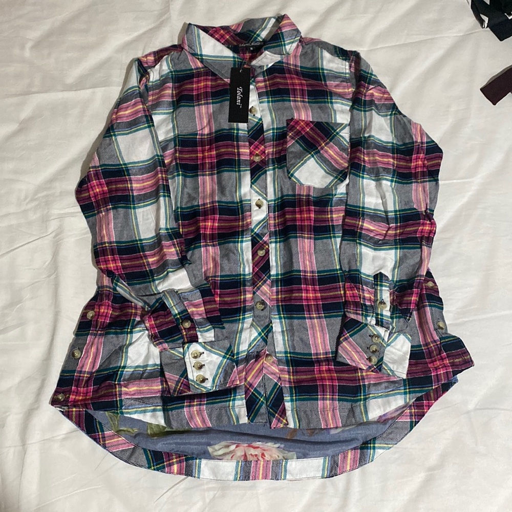Tolani collection plaid top with printed velvet back